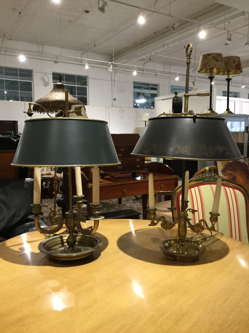 (2) bouillotte lamps with green tole shades: (2) bouillotte lamps with green tole shades, 28.25"h x 14.75"dia. and 23"h x 14.5"dia.