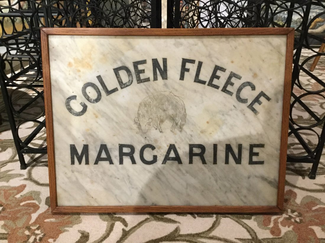 Edwardian inlaid marble trade sign: Edwardian inlaid marble trade sign, Golden Fleece Margarine, 7.5"h x 23"w, framed