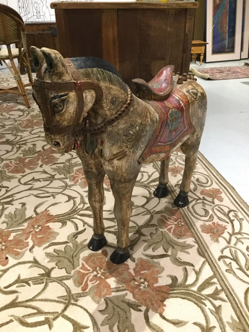 Large Indian carved and painted wood horse: Large Indian carved and painted wood horse, 31"h x 8.5"w x 34.75"d Provenance: The Estate of Edgar M. Bronfman, NY
