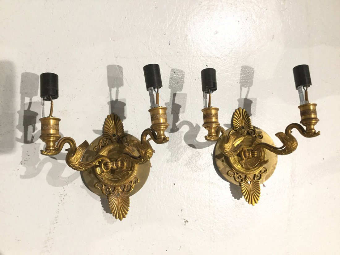 Pair Empire style brass wall sconces (1 of 4)
