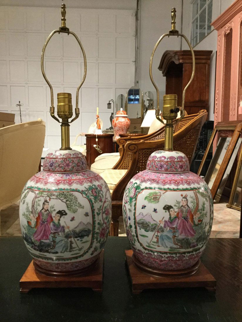 Pair Chinese Famille Rose ginger jar lamps (1 of 3)
