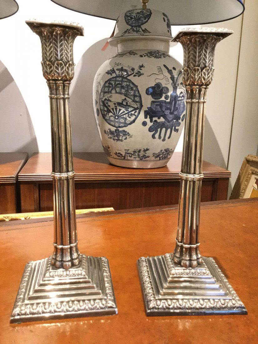 Pair English silver plated column candlesticks (1 of 4)