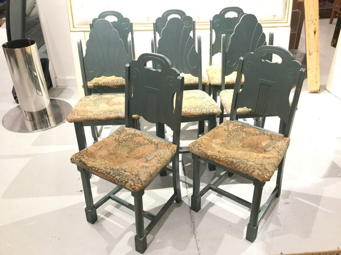 Set (8) Art Deco painted dining chairs: Set (8) Art Deco painted dining chairs, 35"h x 17"w x 16"d and 36"h x 17"w x 16"d