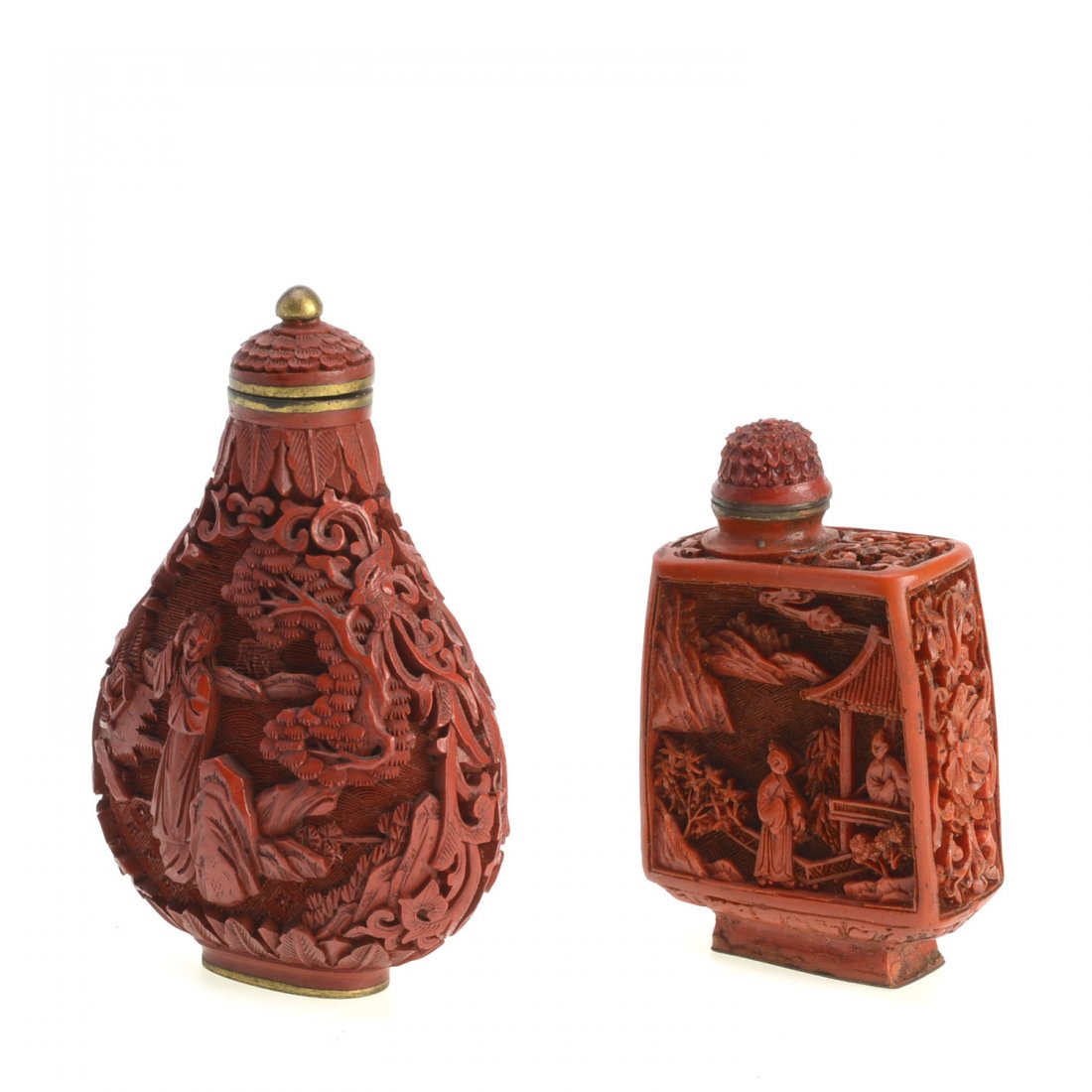 (2) Chinese red cinnabar lacquer snuff bottles (1 of 6)