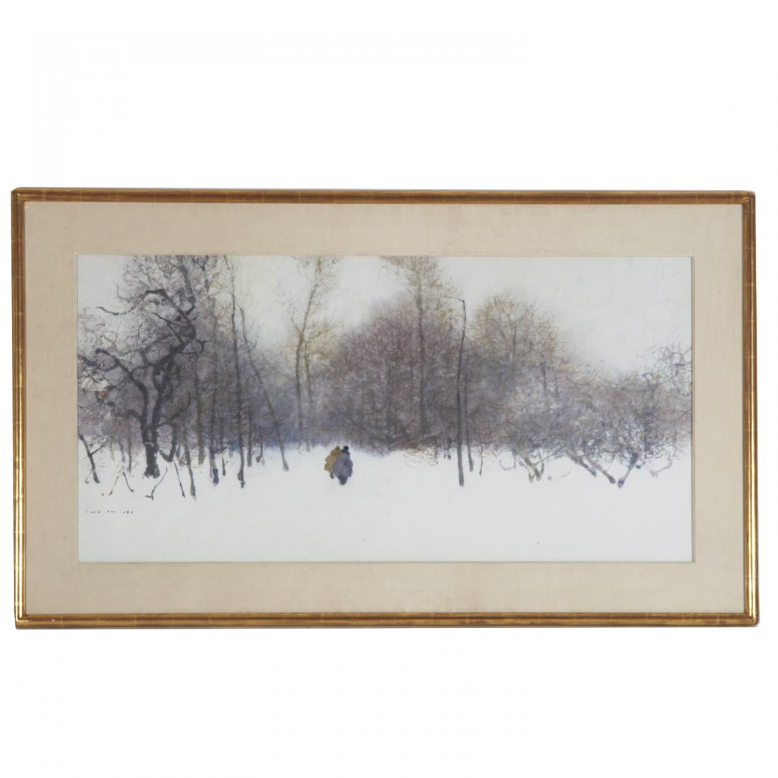 Chen Chi, large watercolor painting: Chen Chi, large watercolor painting, Chen Chi (American / Chinese, 1912-2005), "Two People Walking in Snow", 1984, watercolor on paper, signed "Chen Chi 1984", lower left, 26.5"h x 53"w (sight), matte
