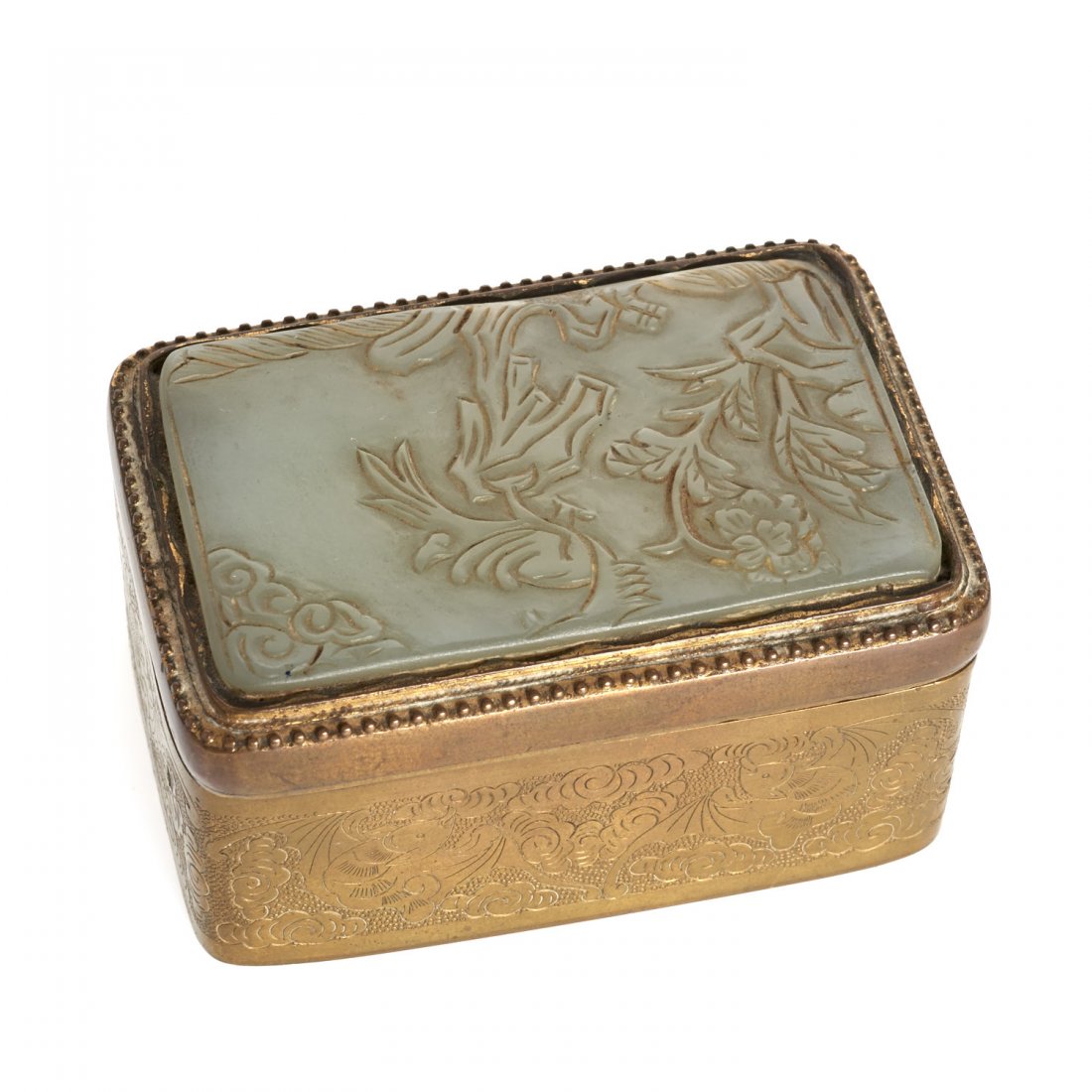 Chinese jade mounted engraved gilt metal box (1 of 4)