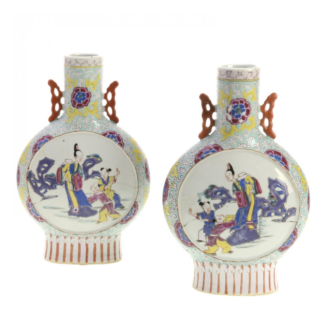Pair Chinese Export porcelain moon flasks: Pair Chinese Export porcelain moon flasks, 19th/20th c., with reserves of immortals and children, pale turquoise ground, grotesque handles, 21"h x 7.5"w x 3"d