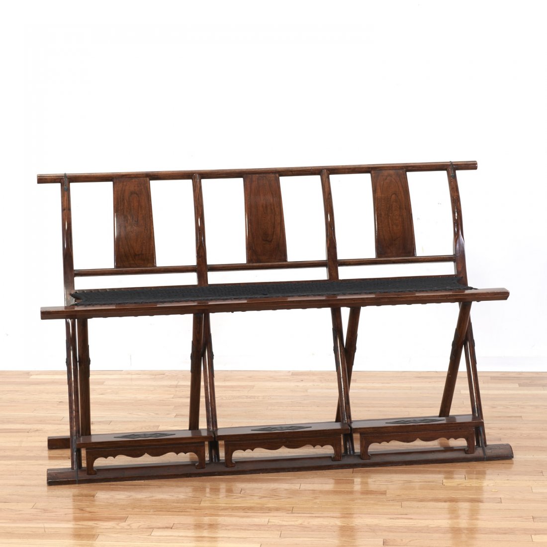 Chinese hardwood triple yoke-back folding bench (1 of 7)