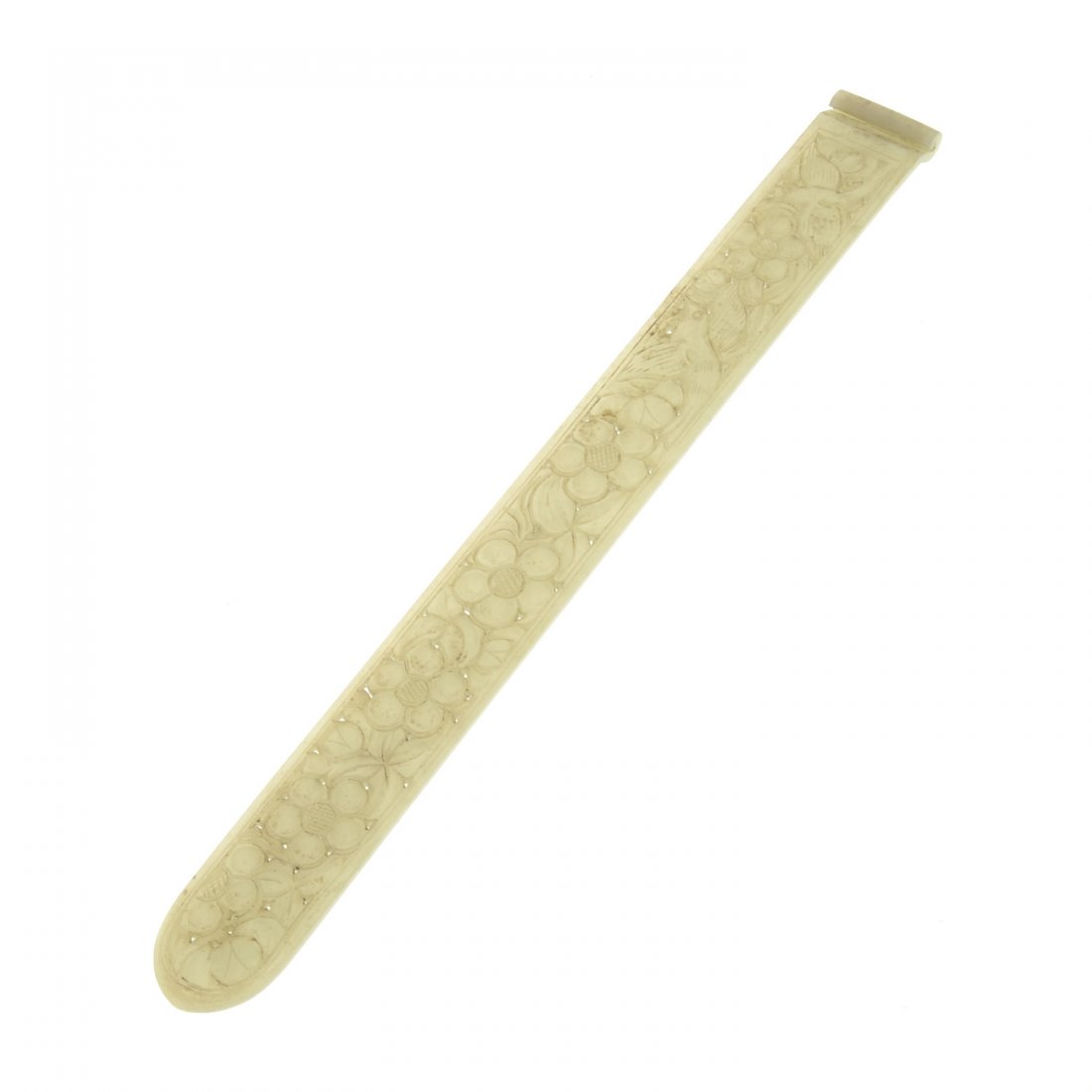 Chinese reticulated white jade letter opener: Chinese reticulated white jade letter opener, 19th/20th c., with prunus and bird carved decoration, 10.5"l Provenance: The Collection of Garrick Stephenson