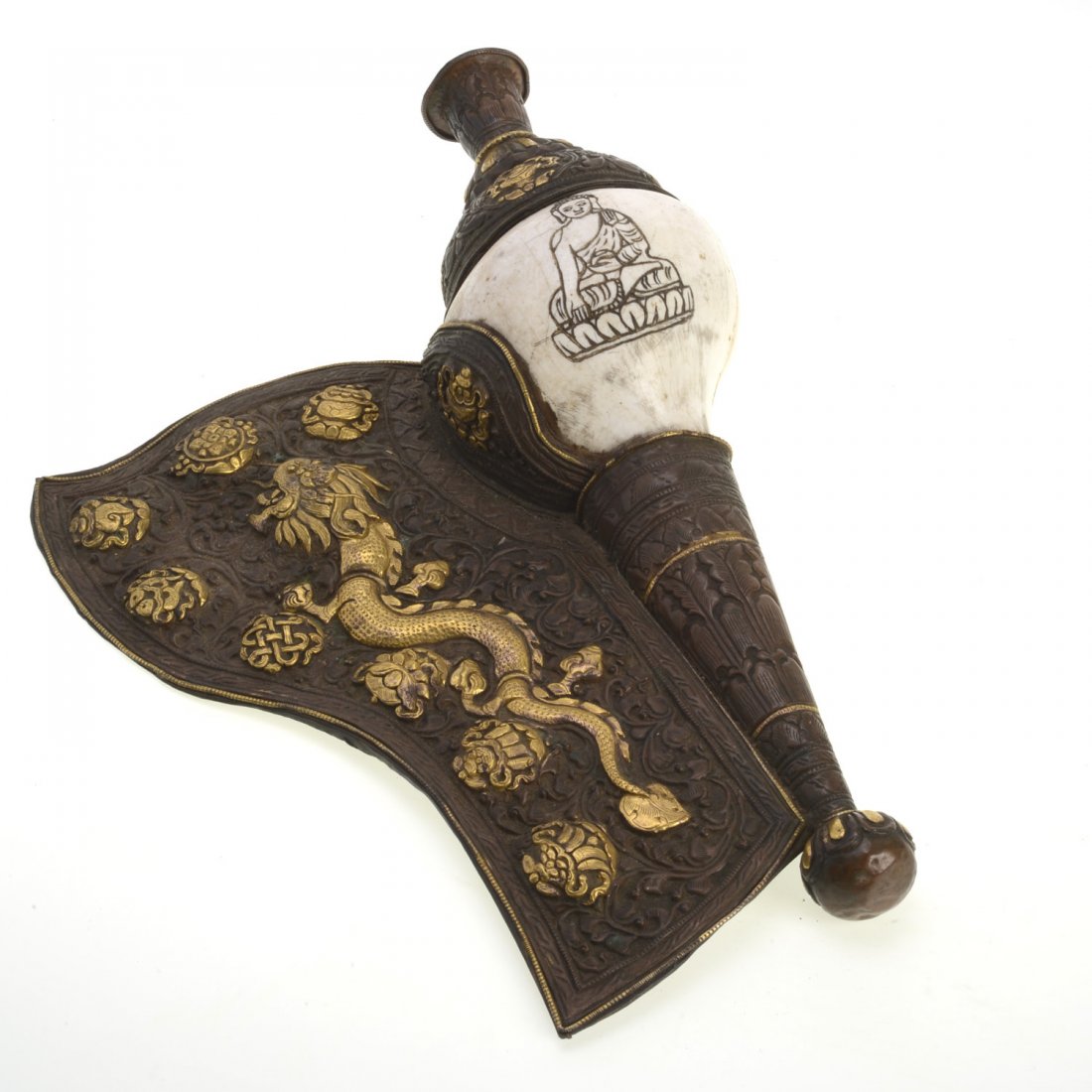 Large Tibetan copper mounted conch shell trumpet (1 of 6)