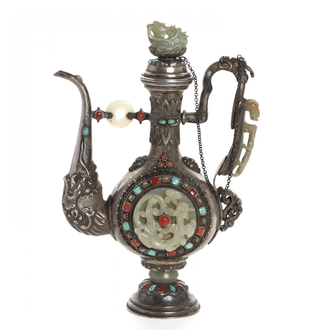 Tibetan or Mongolian jade mounted silver teapot (1 of 9)