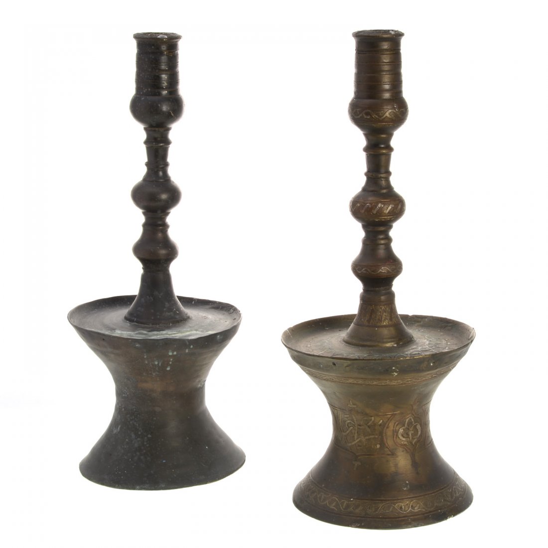 Near pair Islamic bronze capstan candlesticks (1 of 8)