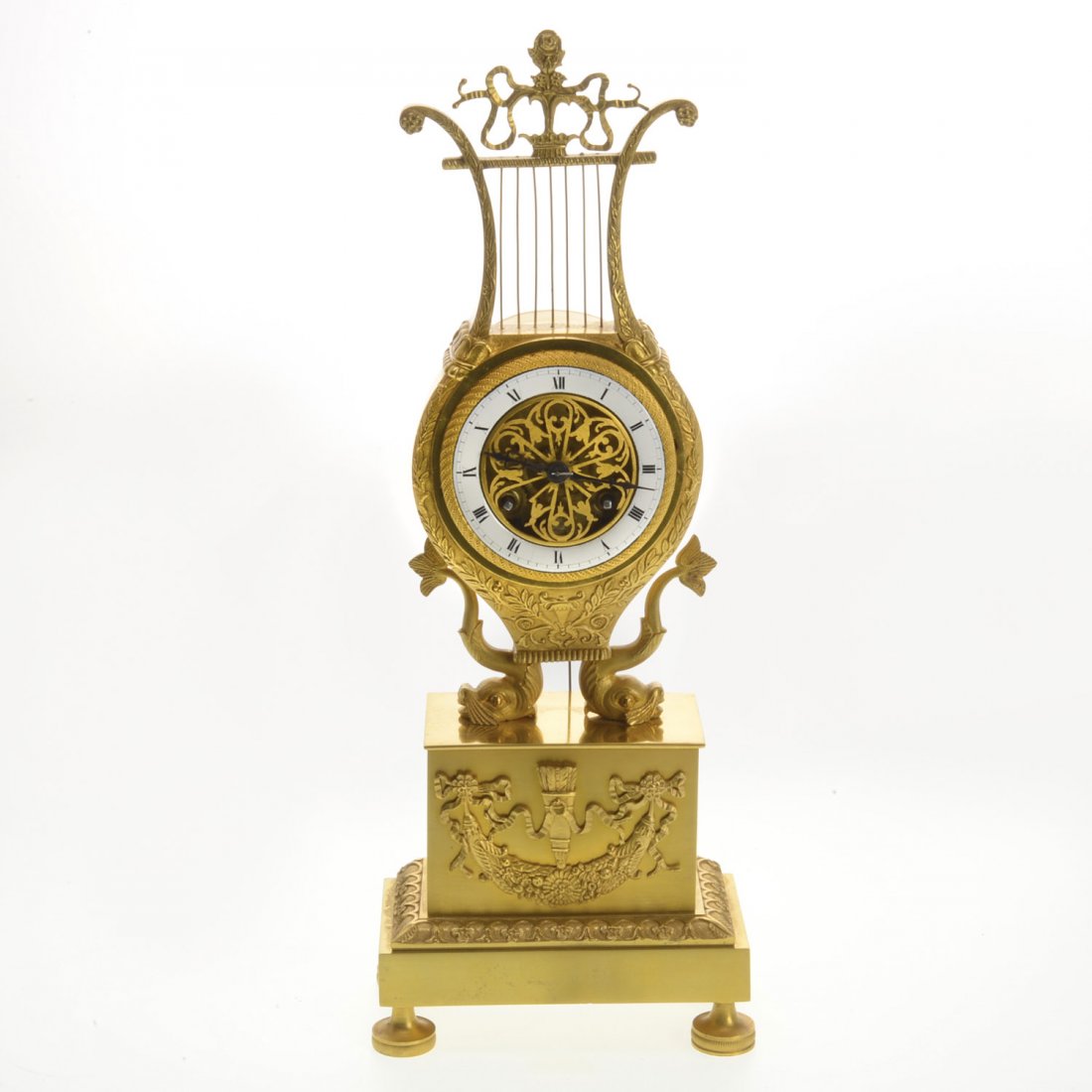 Charles X gilt bronze lyre-form mantel clock (1 of 6)
