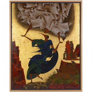 Shlomo Katz, painting: Shlomo Katz, painting, Shlomo Katz (Polish/ Israeli, 1937-1992), Biblical scene, 1987, mixed media on panel, signed and dated "Shlomo Katz 87", lower right, 60.75"h x 40"w, framed