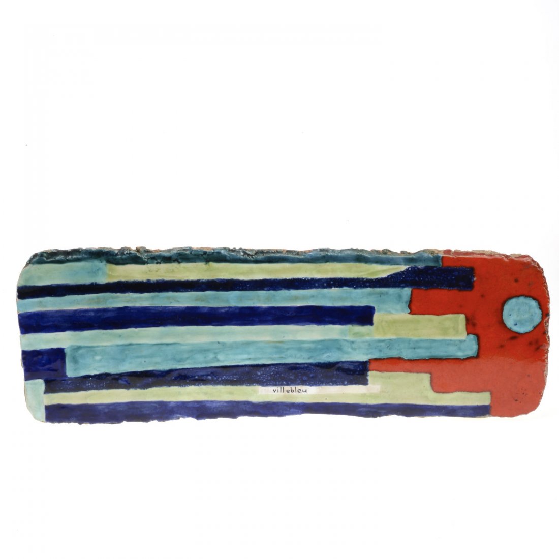 Rabisula Zola, glazed earthenware plaque: Rabisula Zola, glazed earthenware plaque, Rabisula Zola (20th c.), "Villebleu", signed "Rabisula Zola" to verso, 8.5"h x 25.5"w