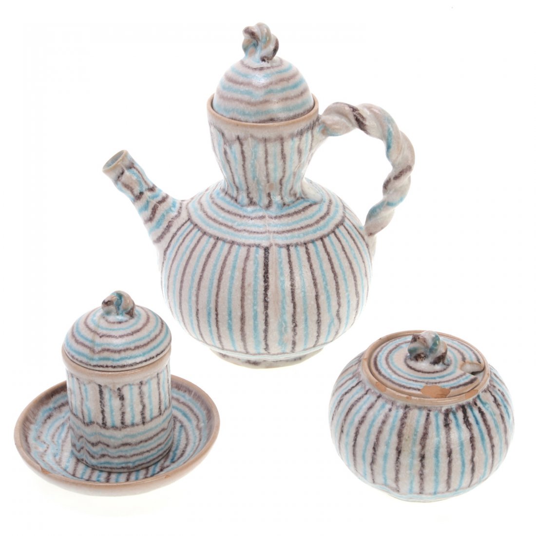 Guido Gambone pottery tea set: Guido Gambone pottery tea set, Guido Gambone (Italian, 1909-1969), Glazed earthenware tea set (4) pcs. comprising teapot, covered sugar, and covered creamer with under plate, all signed "Gambone Italy