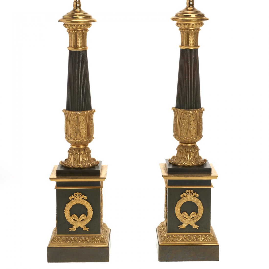Pr Empire style gilt, patinated bronze table lamps (1 of 7)