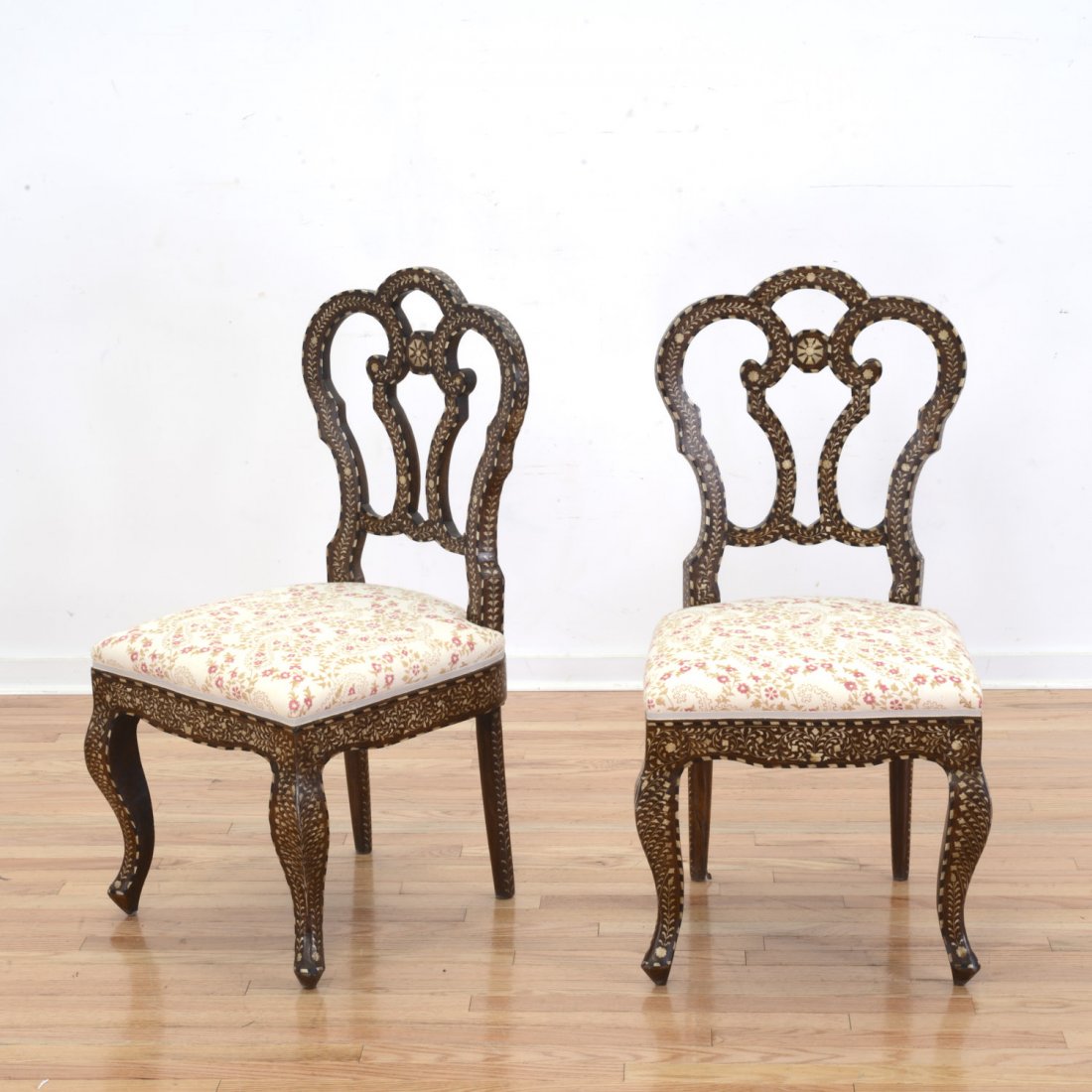 Pair Anglo-Indian bone inlaid side chairs: Pair Anglo-Indian bone inlaid side chairs, 19th c., floral upholstered seats, 38"h x 18"w x 19"d