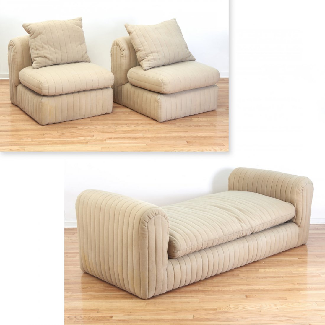 De Sede style wool upholstered daybead and chairs: De Sede style wool upholstered daybead and chairs, 20th c., (3) pieces, 25.5"h x 81.5"w x 37"d