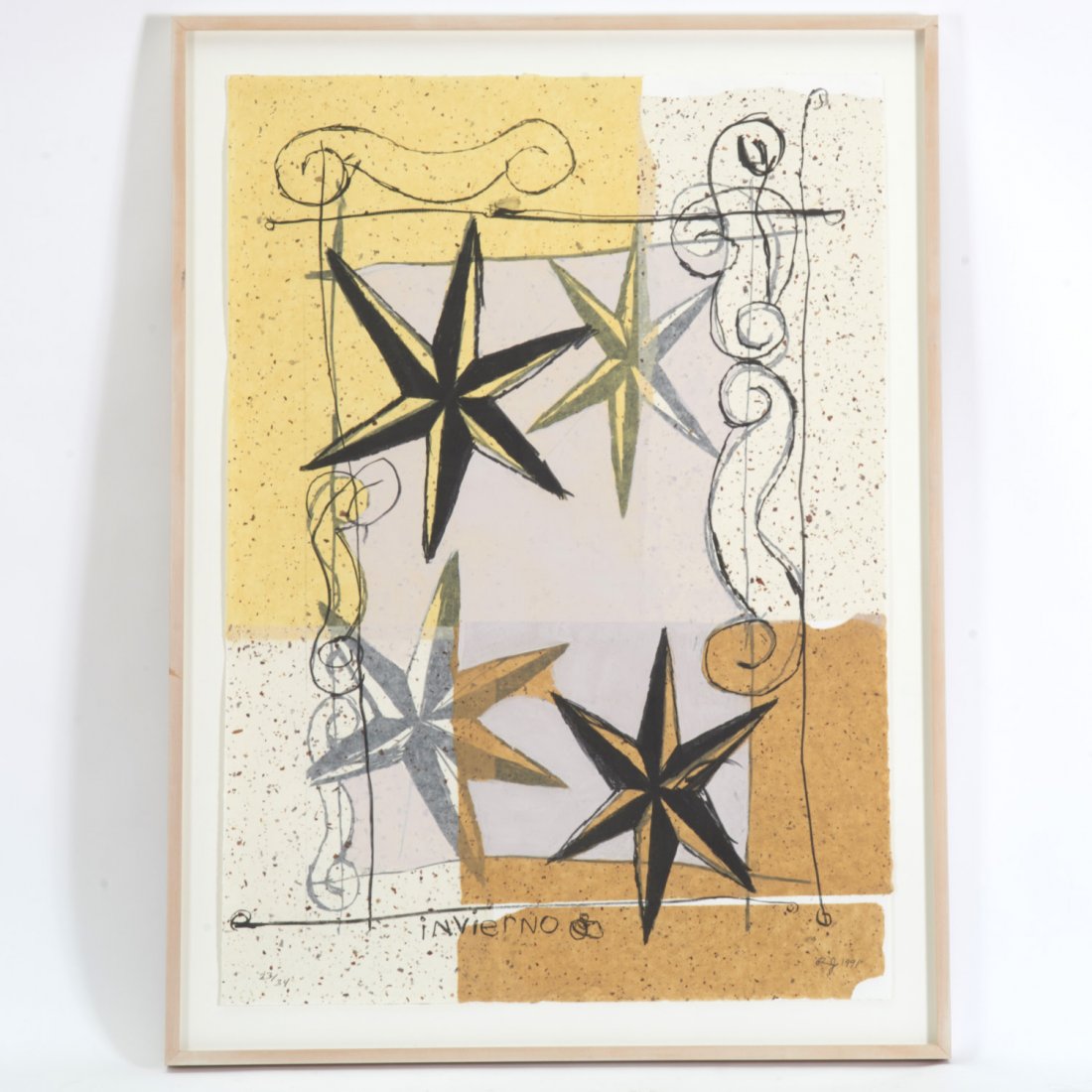 Roberto Juarez, color lithograph: Roberto Juarez, color lithograph, Roberto Juarez (American, b. 1952), "Invierno", 1991, lithograph in colors on paper, numbered 23/34, signed "R.J" 1991", lower right, 41"h x 29.5"w (sheet), plexi fra