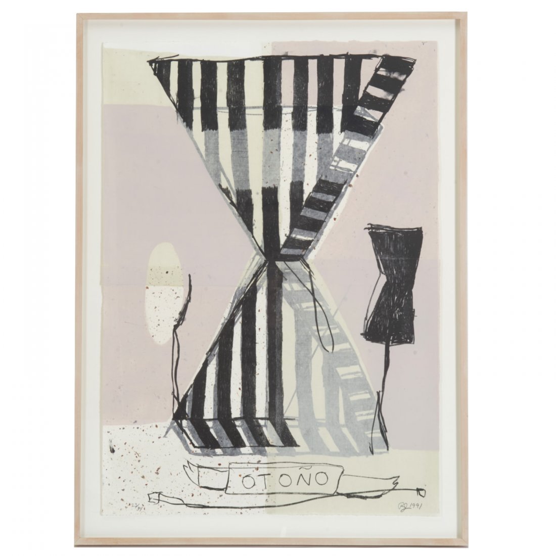 Roberto Juarez, color lithograph: Roberto Juarez, color lithograph, Roberto Juarez (American, b. 1952), "Otono", 1991, lithograph in colors on paper, numbered 23/34, signed "R.J" 1991", lower right, 41"h x 29.5"w (sheet), plexi frame