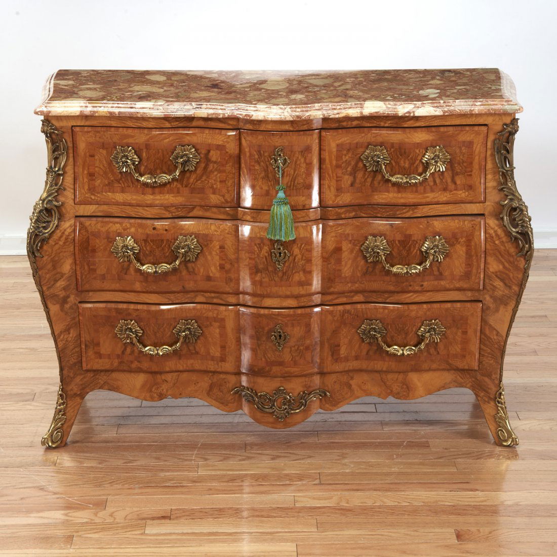 Louis XV style marble top parquetry commode (1 of 9)