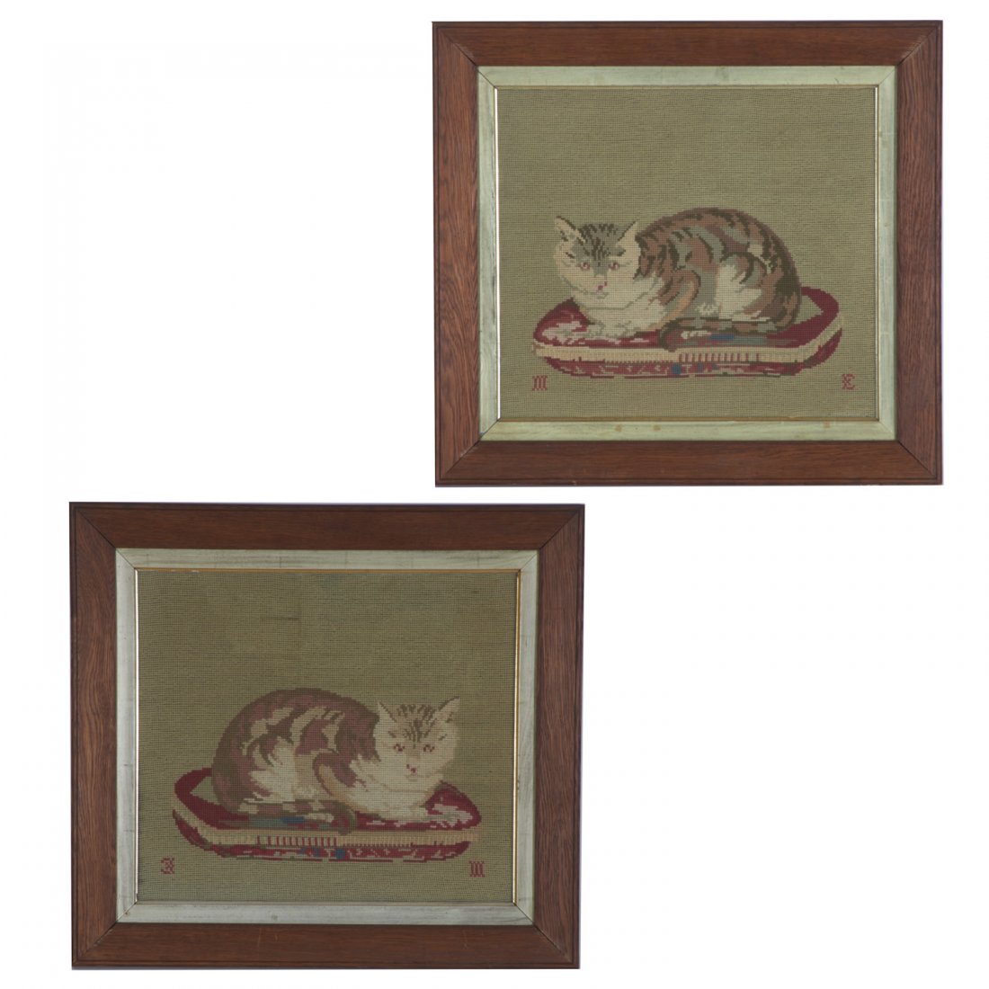 Pair Fine Antique wool needleworks of calico cats (1 of 7)