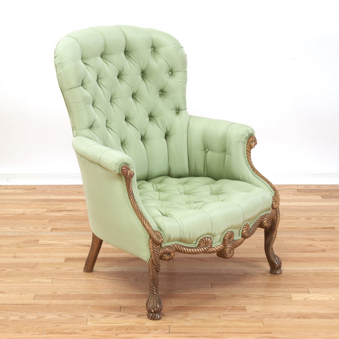 Napoleon III rope-and-tassel giltwood bergere: Napoleon III rope-and-tassel giltwood bergere, 19th/20th c., green tufted silk upholstery, 39"h x 29"w x 26"d