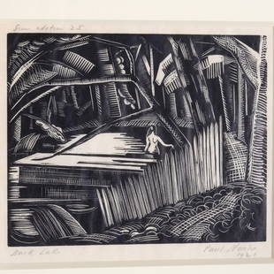 Paul Nash, wood engraving: Paul Nash, wood engraving, Paul Nash (British, 1889-1946), "Dark Lake", 1921, wood engraving, pencil signed and dated, from an edition of 25, 4.25"h x 5.25"w (sight), matted and framed Provenance: The