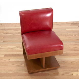 Richard Neutra for Maximilian Karp chair: Richard Neutra for Maximilian Karp chair, Circa 1940, red leather seating, manufacturers label on underside, 27.5"h x 16.5"w x 18"d