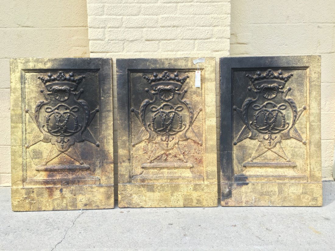 (3) antique iron firebacks with Royal Cipher: (3) antique iron firebacks with Royal Cipher, 18th c., retains some gilding, 35"h x 23.25"w x 1"d Provenance: Christie's, NY