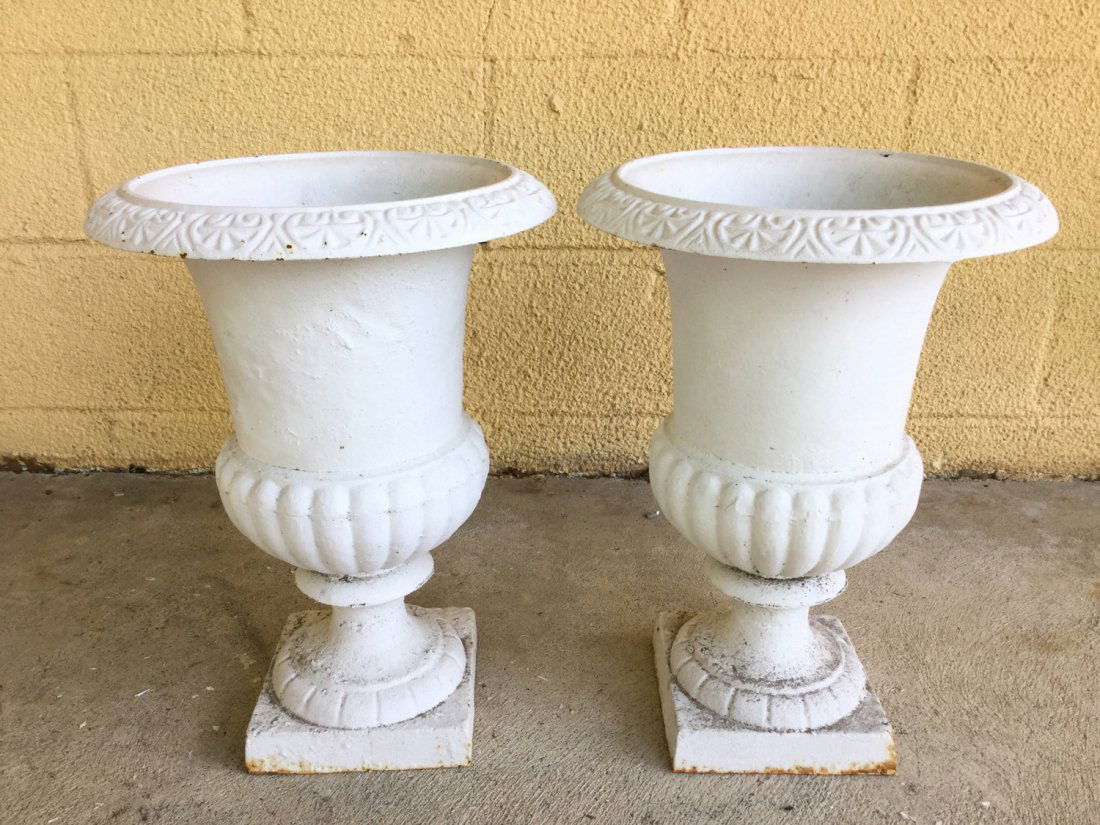 Pair painted cast iron urn planters (1 of 8)