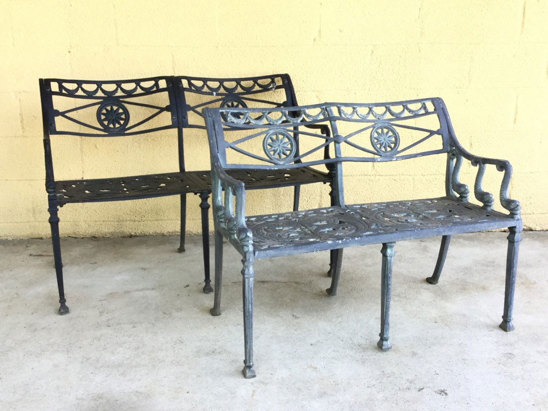 Near pair cast aluminum settees, incl. Molla: Near pair cast aluminum settees, incl. Molla, 20th c., Neo-Classical style, one with Molla label, 29"h x 37"w x 19.5"d and 31"h x 43"w x 20"d