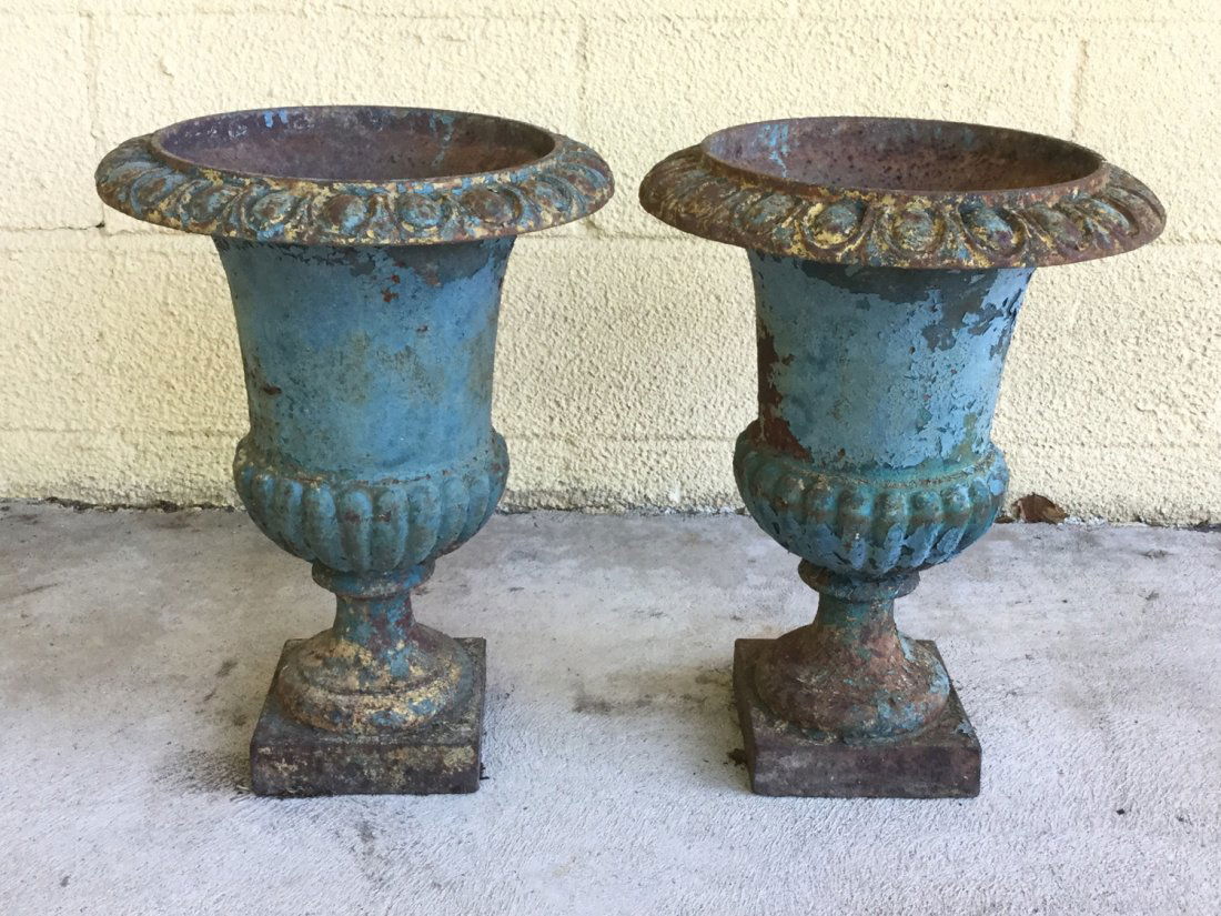 Pair green painted cast iron garden urns (1 of 8)