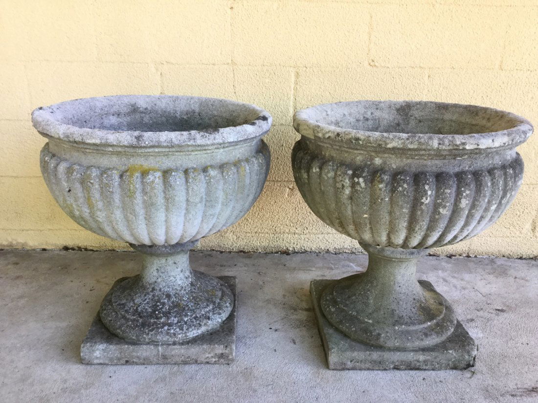 Pair large reeded cast stone garden urns (1 of 10)