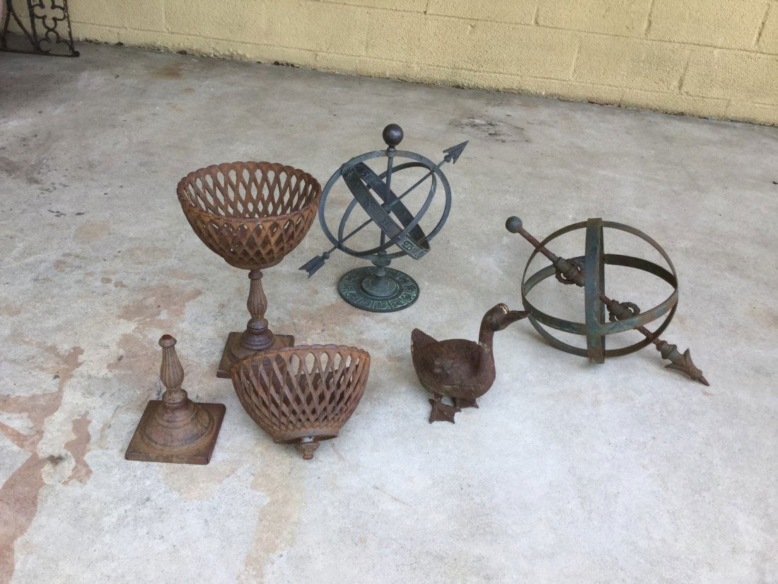 Bronze armillary and misc. iron garden ornament (1 of 10)