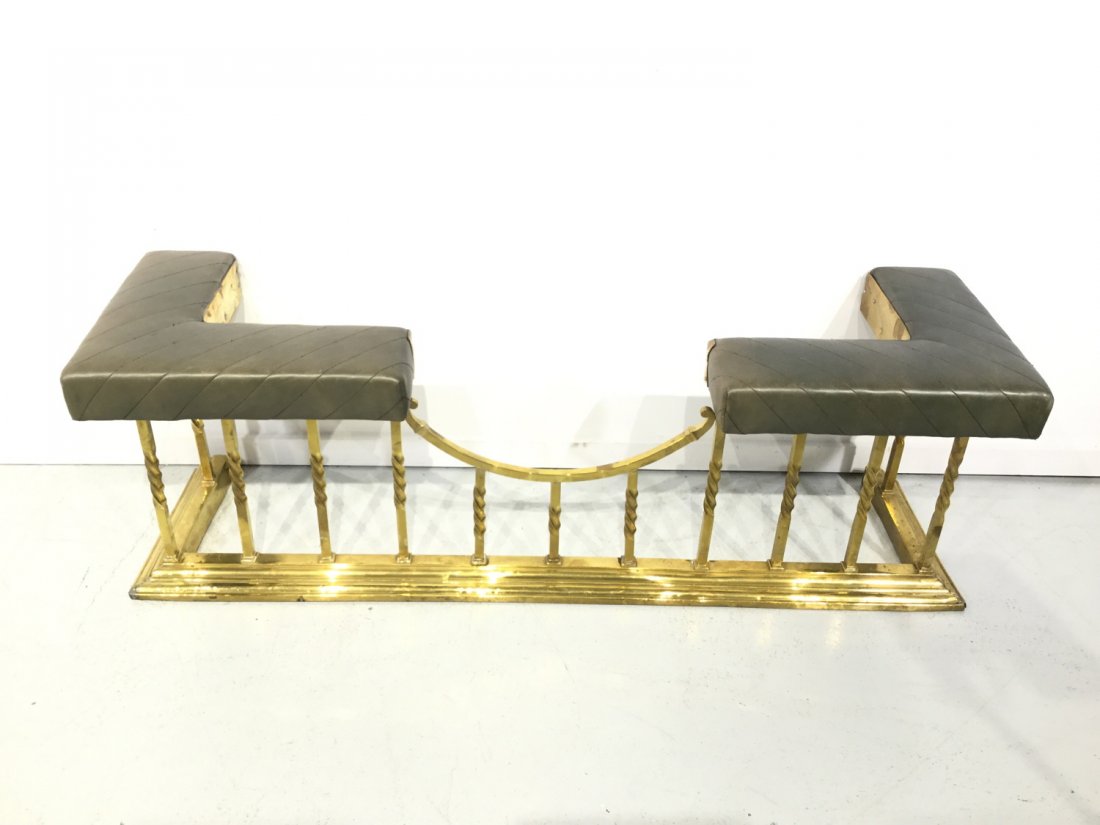 Late Victorian brass, leather fire fender (1 of 8)