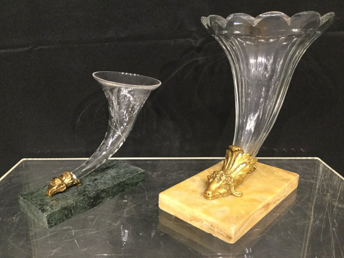 (2) Victorian bronze, glass cornucopia spill vases (1 of 8)