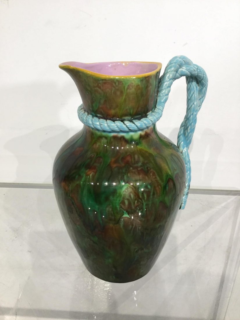 George Jones style magolica pitcher: George Jones style magolica pitcher, Late 19th/20th c., no. 2777/11, 10"h x 6.75"w x 6"d