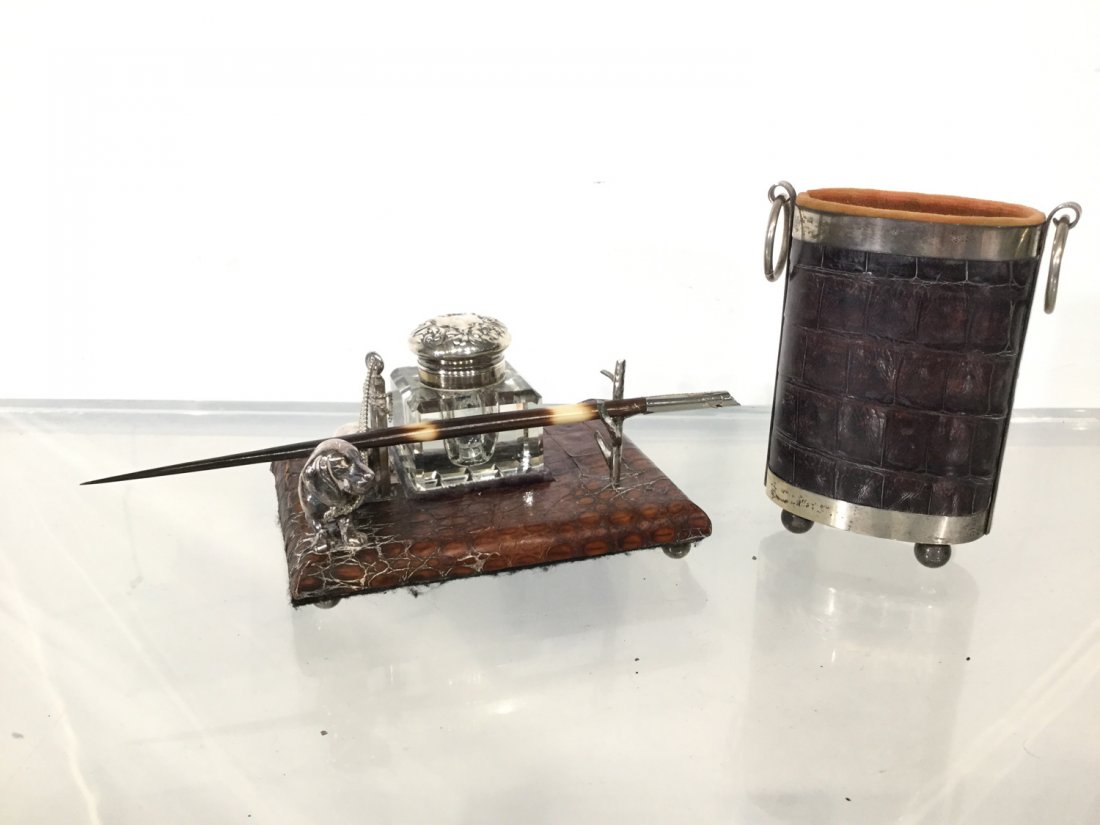 (2) English silver mounted croc desk accessories (1 of 9)