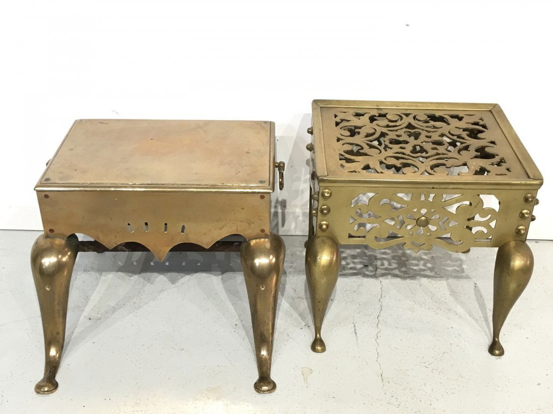 (2) Antique English brass trivets: (2) Antique English brass trivets, 19th c., 13.5"h x 14.5"w x 12.5"d (larger)