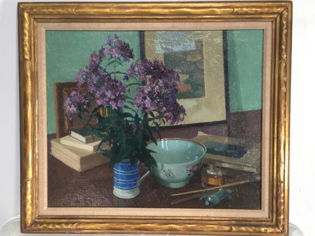 Dorothy Weir Young (American, 1890-1947): Dorothy Weir Young (American, 1890-1947), Still life with lilacs, oil on canvas, no signature found, 19.5" x 23.5" (sight) - Notes/Literature: Dorothy was the middle daughter of artist Julian Alden We