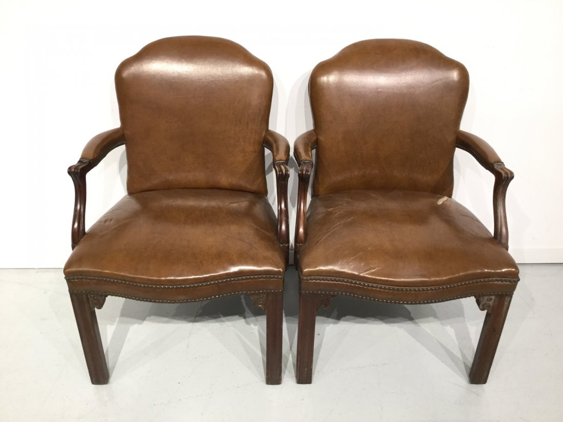 Pair Georgian style leather armchairs (1 of 7)