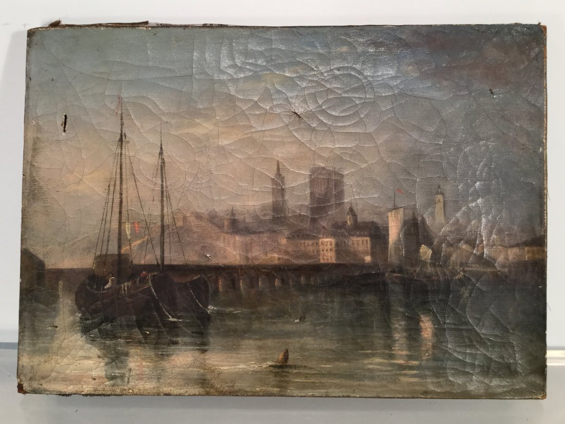 Continental School (18th c.): Continental School (18th c.), Port scene, oil on canvas, unsigned, 13" x 18" (stretcher)