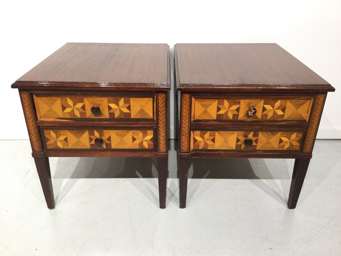 Pair Continental parquetry inlaid side tables (1 of 9)