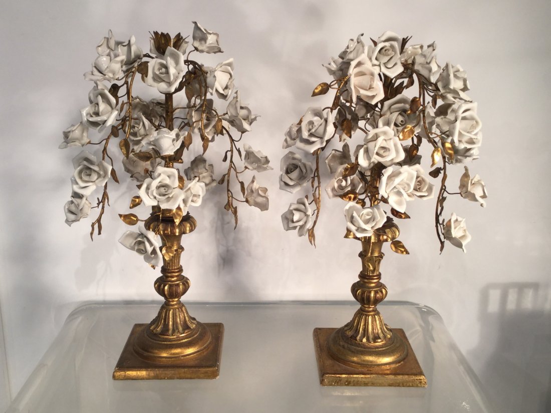 Pair Italian gilt rose bush table ornaments: Pair Italian gilt rose bush table ornaments, 20th c., monochrome white pottery blossoms, 26"h x 14"dia.