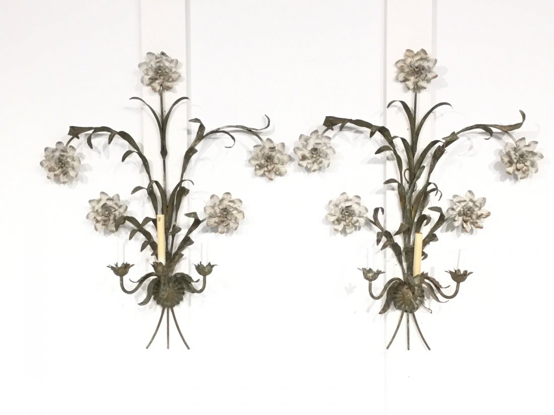 Pair Italian paint decorated iron floral sconces (1 of 9)