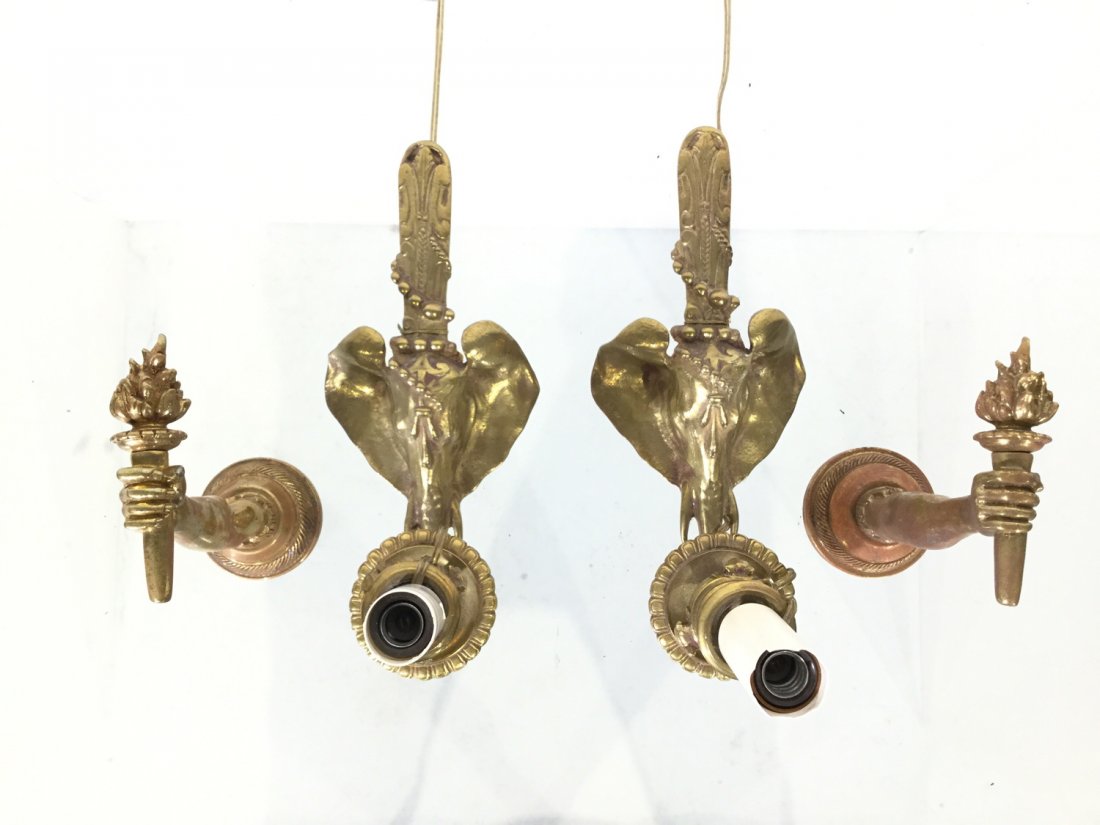 Group bronze mounts and Elephant sconces: Group bronze mounts and Elephant sconces, 19th/20th c., (4) pieces, 5.5"h x 3.75"w x 8.25"d (lights), 3.25"h x 2.25"w x 5.25"d (arms)
