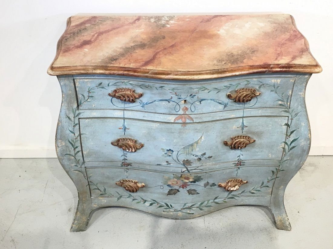 Rococo style paint decorated bombe commode (1 of 9)