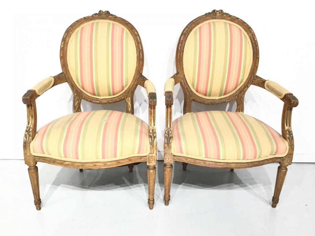 Pair Louis XVI style gilt fauteuils: Pair Louis XVI style gilt fauteuils, 20th c., 26"h x 22"w x 38"d